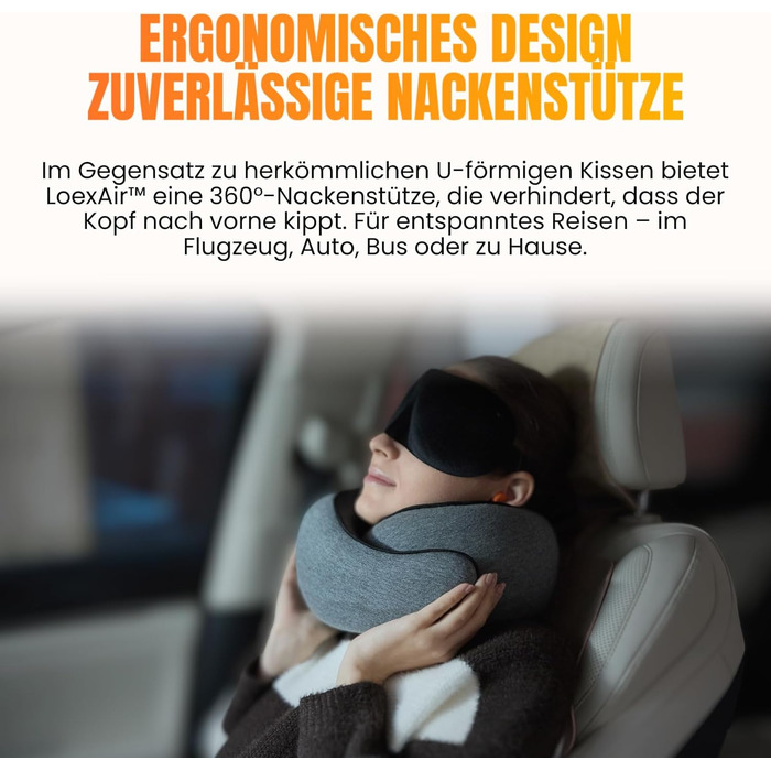 Подушка для шиї у літак, автомобіль: 100% бавовна та Memory Foam, легка та зручна, повний дорожній набір (маска для сну, беруші) - світло-сірий, класична модель