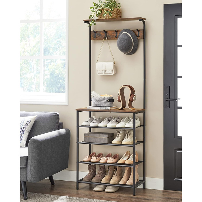 VASAGLE Coat Rack, Clothes Rack, Shoe Shelf, Wardrobe with 5 Double Hooks, 5 Shelves, One Top Shelf, for Apartments, Bedrooms, Hallways, Industrial Design, Vintage Brown-Black HSR408B01 (31.5 x 68 x 183.5 cm)