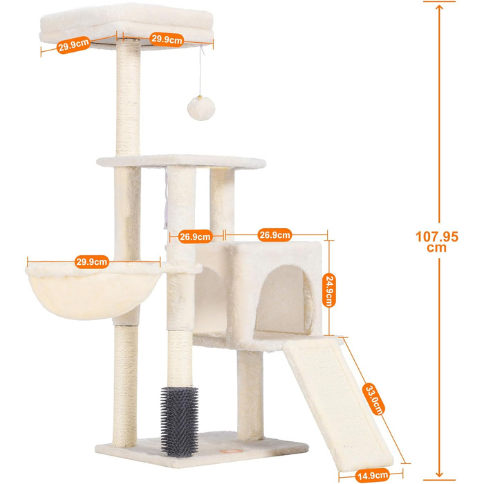 Котячий будиночок Heybly з щіткою для котів, котячий будиночок для домашніх котів з м'якою підставкою з плюшу, котячий когтетоп з кошиком, когтеточкою та когтедровом, HCT005SG (Бежевий)
