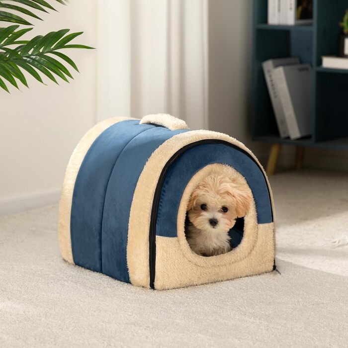 Hollypet Cat Bed, Small Dog Bed, 2-in-1 Foldable Plush Pet Bed for Cats & Small Dogs, Cozy and Soft Pet Cave Bed for Indoor Outdoor, (Dark Blue)