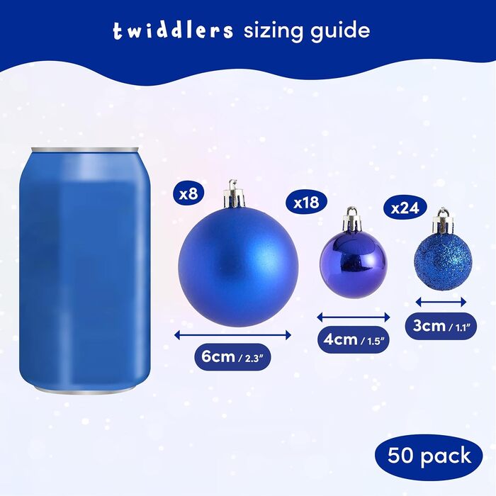 50 прикрас для ялинки Twiddlers – блакитні, різні розміри та покриття (6см, 4см, 3см)