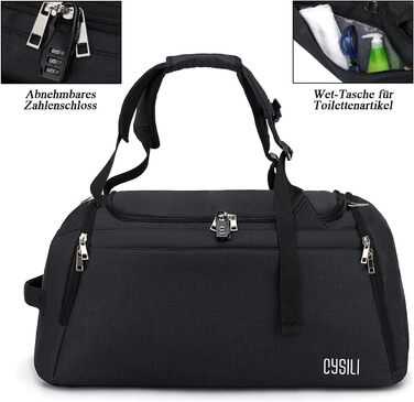 Sports bag with shoe compartment and wet compartment, 42L carry-on bag sports rucksack women men, gym bag travel bag large with shoulder strap and combination lock