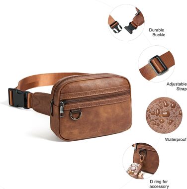 Жіноча та чоловіча поясна сумка, 2 л, веганська шкіра, коричнева, 8 дюймів, для подорожей, хайкінгу, бігу