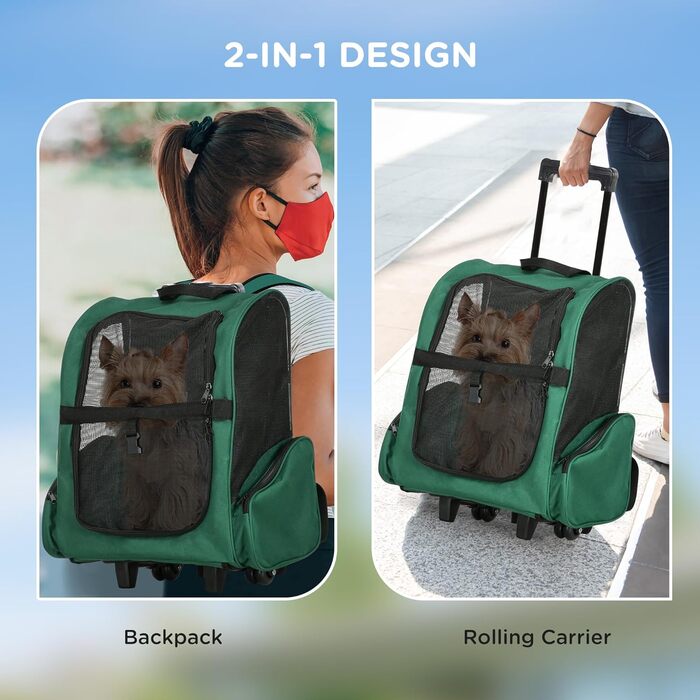 PawHut Рюкзак-переноска для собак та котів 2-в-1 з кишенями, телескопічною ручкою та колесами, 42 x 25 x 55 см, Зелений