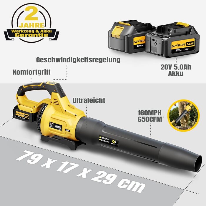 GEVEELIFE Battery Leaf Blower, 20V 270 km/h Electric Leaf Blower with 3-Speed & 2x5.0Ah Batteries – Cordless leaf blower for garden, leaves, dust & snow (Includes Battery)
