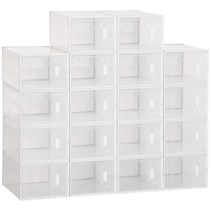 HOMCOM Set of 18 Modular Shoe Storage Boxes with Transparent Doors - Dimensions 25W x 35D x 19H cm | Aosom