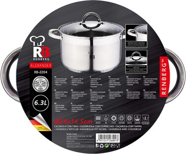 Каструля RENBERG Alexander з нержавіючої сталі, 24 x 14,5 см, 6,3 л, з кришкою, 5-шарове дно, для всіх типів плит