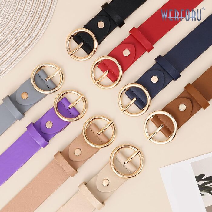 Жіночі шкіряні ремені WERFORU (2 шт.) для джинсів та штанів, з золотою пряжкою O-Ring, чорний+коричневий, розмір талії 65-75 см