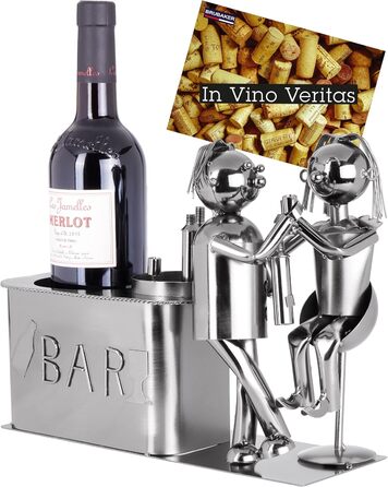 BRUBAKER Wine Bottle Holder Loving Couple at the Bar Decorative Object Metal Couple Gift Bottle Stand with Greeting Card