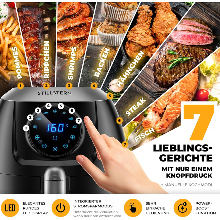 Аерофритюрниця Stillstern 5 л, LED-екран, 7 програм, 120 рецептів, 1800 Вт, без олії, чорна