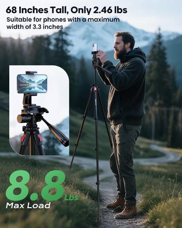 Легкий компактний штатив для камери та смартфона з алюмінію, 173 см, для DSLR/SLR (Canon, Nikon), чорний