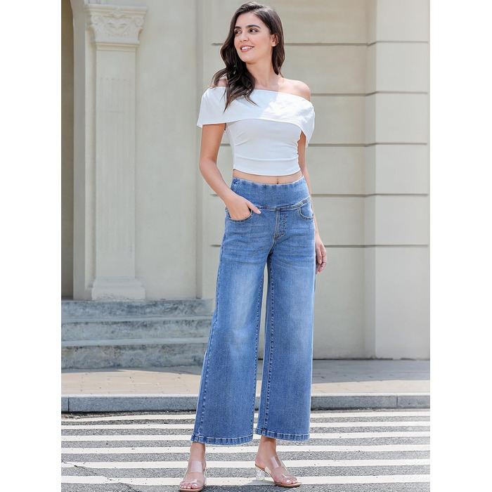 Джинси Baggy Daen з високою талією, широкі, укорочені прямі, еластичні, блакитні (Розмір S)