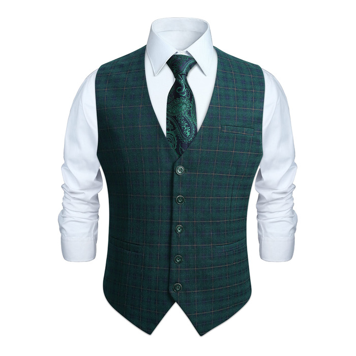 Жилет для чоловіків HISDERN з бавовни в клітинку, формальний стиль, для вечірок та весіль, зелений, розмір XL
