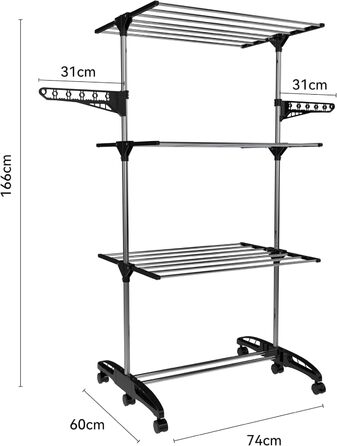 Сушарка для білизни Hyfive для дому - 4 яруси, складана, економна, з полицею для взуття, нержавіюча сталь, легке зберігання - чорна