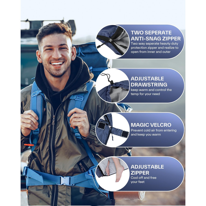 Сплячий мішок 3-4 сезони - ковдровий спальний мішок Легкий для кемпінгу, Outdoor. Ідеальний для дорослих та дітей 220x75см, темно-синій