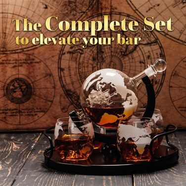 Whisky Decanter Globe for Alcohol - Whiskey Decanter Bar Set with Glasses, Wooden Stand, and World Map - Gifts for Men and Women - Glass Bottle Accessories for Gin, Rum, Scotch, Liqueur, Bourbon, Vodka