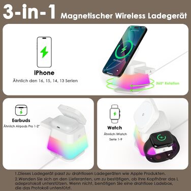Бездротова зарядна станція 3-в-1 Minthouz Leap Cube 15E, швидка зарядка Qi 15Вт з багатокольоровою підсвіткою для iPhone 16, 15, 14, 13