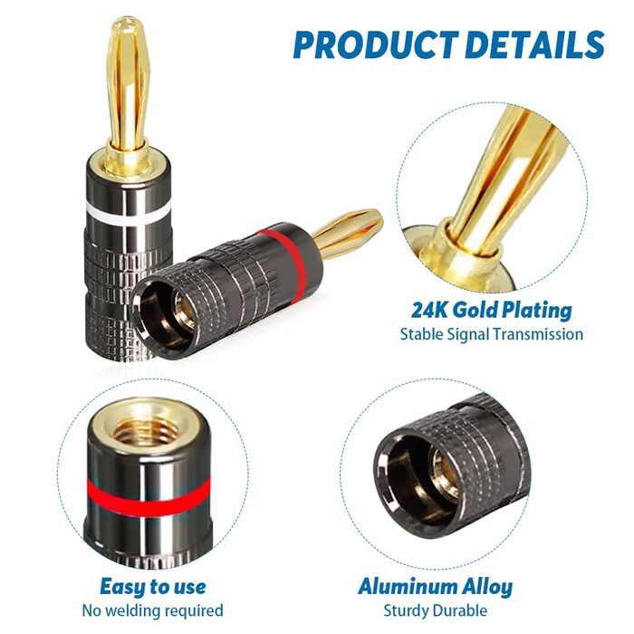 12шт банан-штекерів, 24K позолота, банан-штекерні роз'єми з гвинтовою фіксацією для акустичних кабелів, аудіо, динаміків, терміналів, паяння, HiFi, ресивери, підсилювачі, 6 червоних та 6 білих