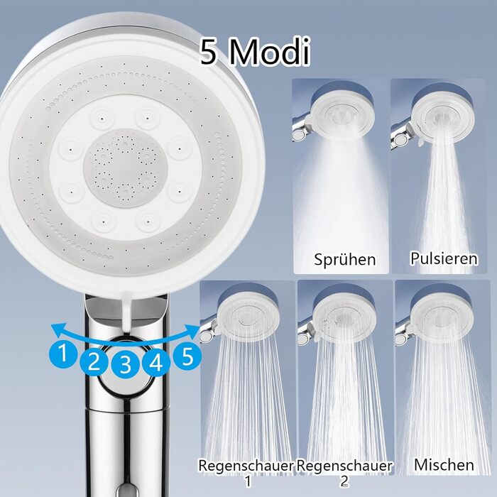 Fall Shower Head with Filter - High-Pressure Handheld Shower with 1.5M Hose, Shower Head with 5 Spray Patterns and Stop Function, Shower Head with Hose, Chrome (Chrome and White)