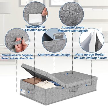 JUPELI 2 Pack Foldable Storage Boxes, 15cm High Flat Under Bed Drawer Organizer, Stable with Lid and Handle, Fabric Under Bed Storage, Under Bed Box for Blankets, Clothes, Quilts, Toys, Shoes
