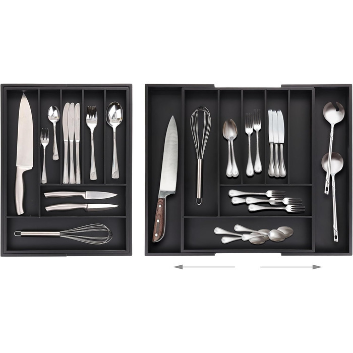 Relaxdays Cutlery Box Extendable, Bamboo, HBT: 5 x 33.5-49.5 x 44.5 cm, 7-9 Compartments, Cutlery Insert Drawer, Black