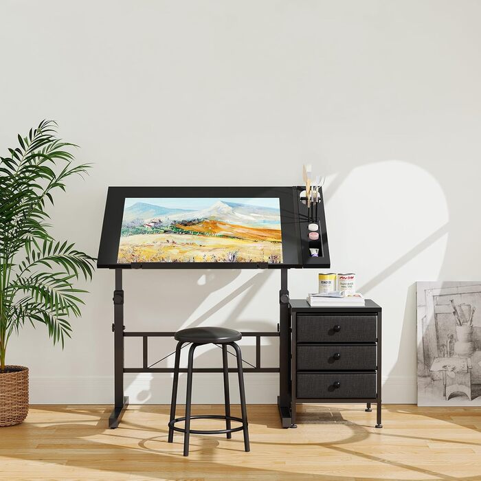 Adjustable Drafting Table with Tilt & Height - Drawing & Computer Desk with Stool & Storage - Wood Finish (Black + Storage Cabinet)