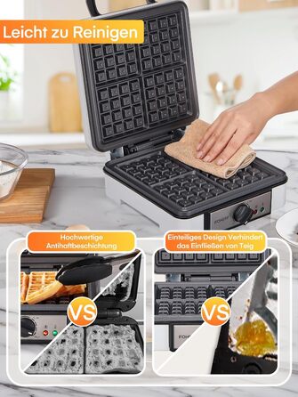 Електричний вафельниця FOHERE 4 вафлі, XXL, антипригарне покриття, Paninigrill, вафельниця для тостів, 1200 Вт