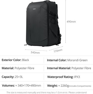 Чорний фоторюкзак AMBITFUL 25L+3L для DSLR/SLR/Mirrorless камер з відділенням для ноутбука та трипода (водонепроникний, ергономічний)