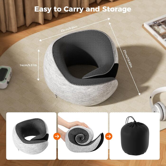 Подушка для шиї у подорожах: м'яка, з memory foam, для автомобіля та літака, з навушниками та маскою для сну (світло-сіра)
