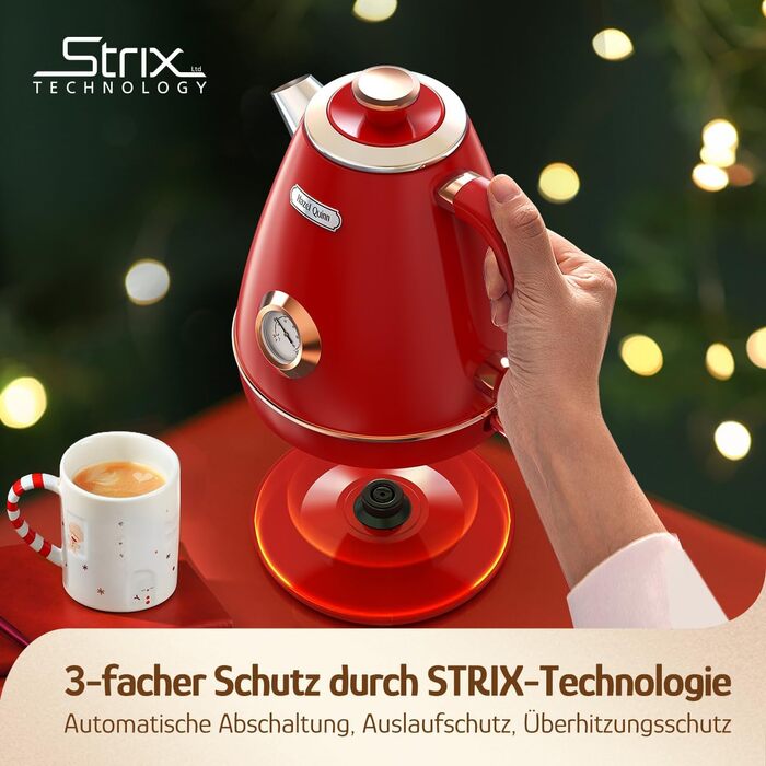 Електричний чайник Hazel Quinn Retro з термометром, з нержавіючої сталі, без пластику, 1.7 л, 2200 Вт, автоматичне вимкнення, вінтажний дизайн, Rudy Rot