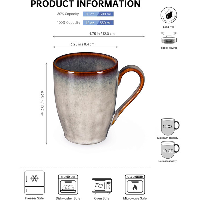 Henten Home Coffee Mug Set, Ceramic, 4-Piece - 350ml for Coffee, Cappuccino, and Latte Macchiato - Beige
