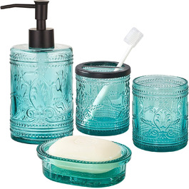 4-piece glass bathroom accessory set with decorative pressed pattern, including soap dispenser, tumbler, soap dish, and toothbrush holder, blue-green