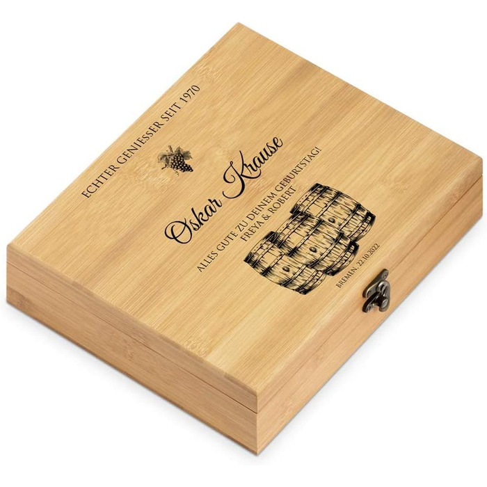 Maverton Personalized Wine Opener Set - Sommelier Set - Gift Box with Wooden Box + 6-Piece Wine Accessory Set - Made of Bamboo - Brown - Birthday Gift for Men - (True Connoisseur)