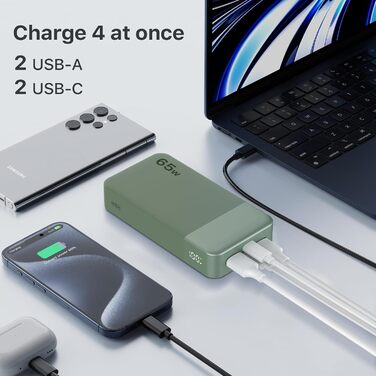Powerbank NOBIS 20000mAh, 65W, з цифровим дисплеєм, Dual USB-C/USB-A, для ноутбука, телефону, планшета, зелений