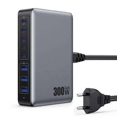 Зарядний пристрій USB C 300W, 8 портів, швидка зарядка 100W PD PPS для ноутбука, MacBook, iPad, iPhone 16/15/14, Samsung – Чорний