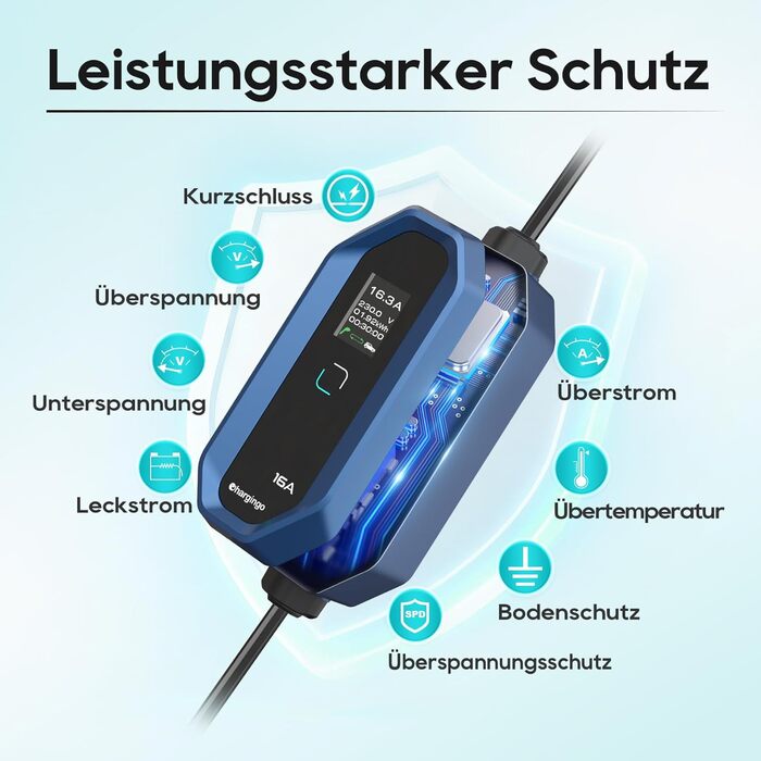 Кабель для зарядки електромобілів Schuko 3.68kW 6-16A з LCD-дисплеєм, 5м, IP65, 16A, для всіх електромобілів (IEC 62196-2, CCS2)