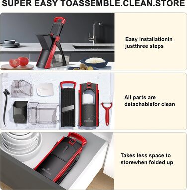 Мандоліна слайсер ONCE FOR ALL Upgrade Safe: великий, регульований подрібнювач овочів та продуктів, для нарізки картоплі фрі, знімні леза (червоний/чорний)