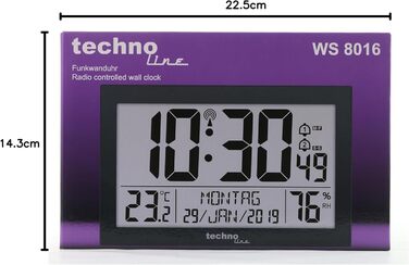 Technoline WS 8016 Modern Digital Radio Wall Clock with Temperature Display, Plastic, White, 225 x 143 x 24 mm WS8016WEISS (Black, Single)