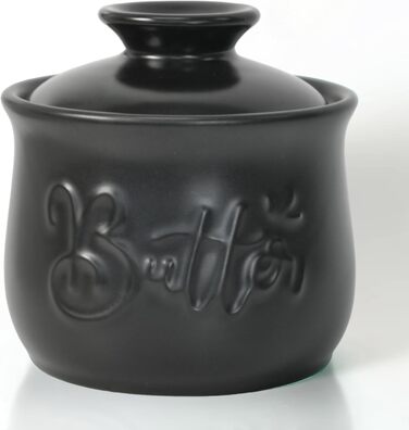 Ceramic butter dish, 156 ml, with water and butter dispenser, holder for spreadable butter, French butter crock with lid, butter container for kitchen countertop, black kitchen decoration