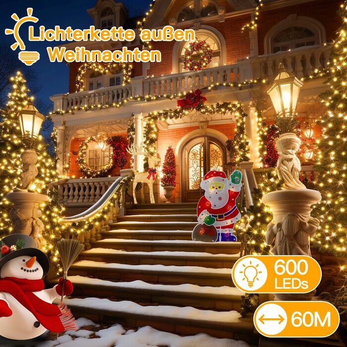 Ланцюжок прикрас Ollny з 200 LED, 60м, з пультом та таймером, IP44, тепле світло. Підходить для декору ялинки, вечірки, весілля, святкування.