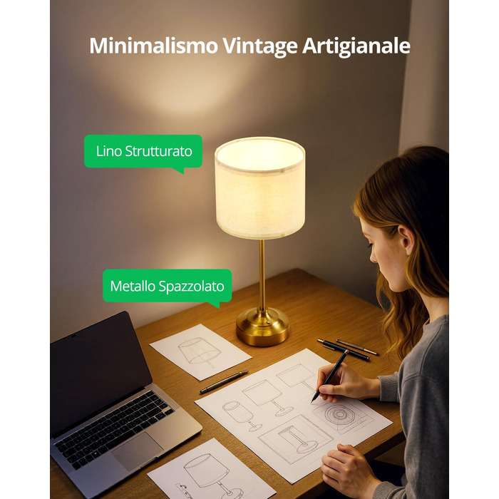 Настільна лампа Bojim 2 шт. Retro LED з USB зарядкою, сенсорне управління, регулювання яскравості, тканинний абажур, металевий корпус. Підходить для спальні, вітальні, нічного столика.