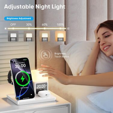 Бездротова зарядка Induktive для iPhone 17/16/15/14/13/12, 6-в-1 з нічною лампою та будильником, сумісна з Apple Watch та AirPods (Біла)