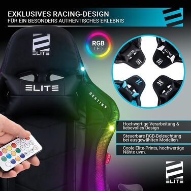 Геймерське крісло ELITE LED Destiny: ергономічне офісне крісло з RGB підсвіткою, штучна шкіра (чорно-біле)