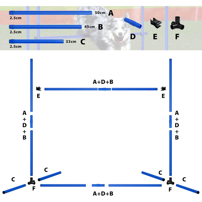 Набір для аджиліті для собак: перешкоди, стрілки, обладнання для тренувань. Регульована висота, 104x70x101 см, зелений (блакитний)
