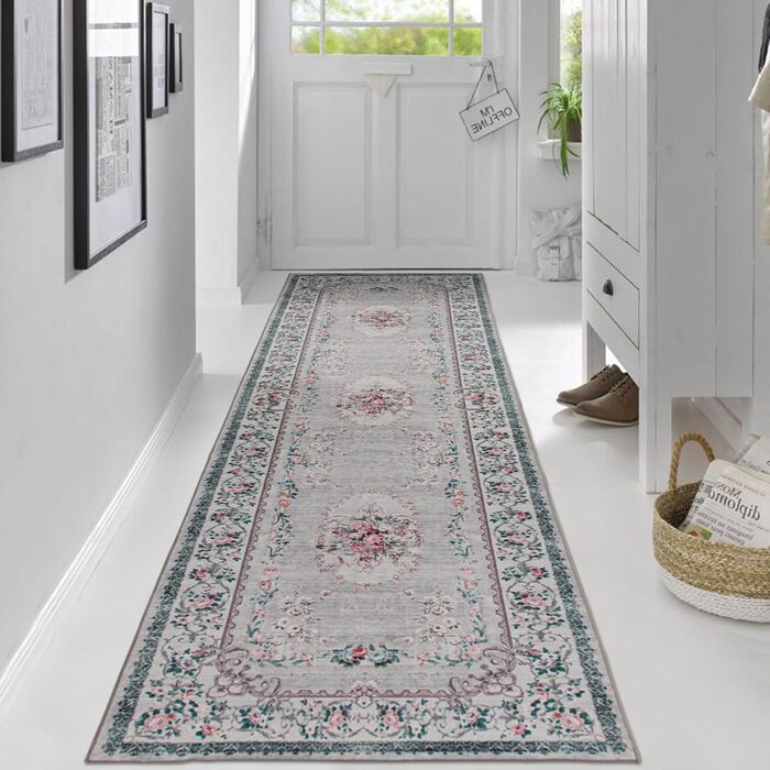 Килим TALETA для вітальні, спальні, офісу: вінтажний, квітковий, 80x300 см, сірий (03)