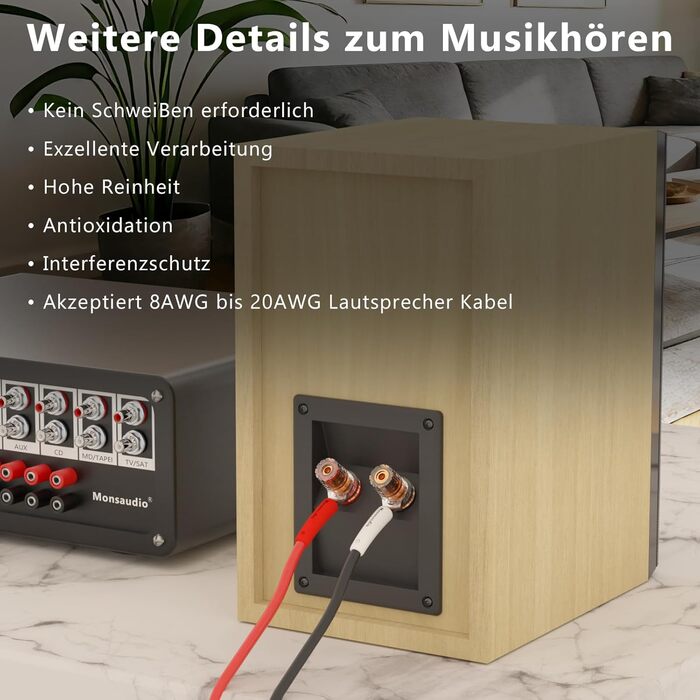 Конектори для акустичних кабелів Monosaudio SY1508R, позолочені (родий), Y-подібні плоскі клеми з гвинтовим затискачем, 8 шт. (для кабелів до 4,5 мм)