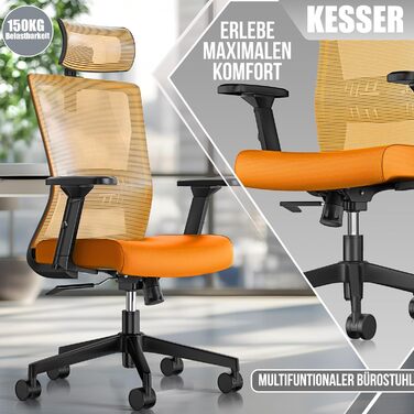 Офісне крісло KESSER® ергономічне з регульованими підлокітниками, підтримкою попереку та підголівником | Крісло для офісу з функцією гойдання до 125° та 5 колесами | Оранжево-чорний колір