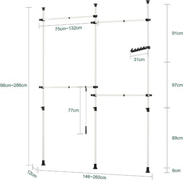 SoBuy KLS03-SCH Clothes Rack Coat Stand with 4 Clothes Rails Telescopic Wardrobe System Adjustable Shelf System Bra Approx. 124-226x200-285cm (White)
