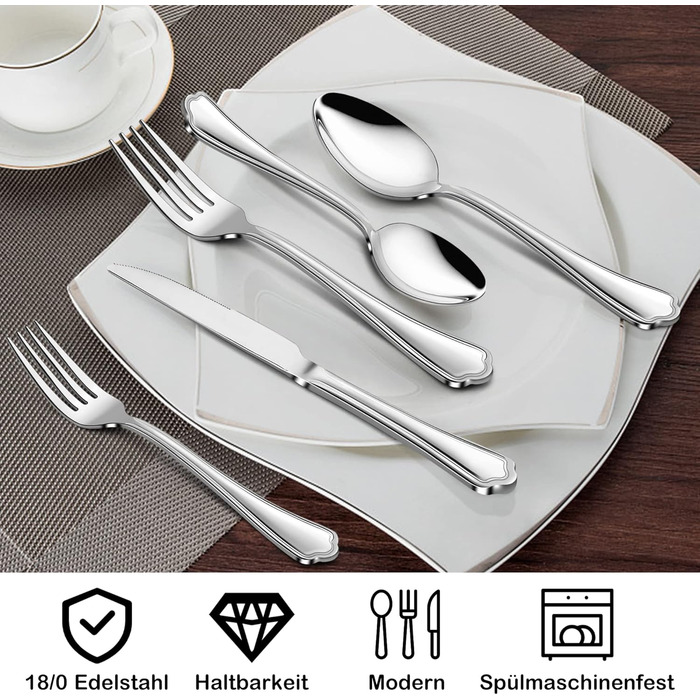 Herogo Cutlery Set for 6 People, 36-Piece Stainless Steel Cutlery Set with Steak Knives, Polished Eating Cutlery Set with Fork, Knife, Spoon for Home Restaurant, Dishwasher Safe (Modern)