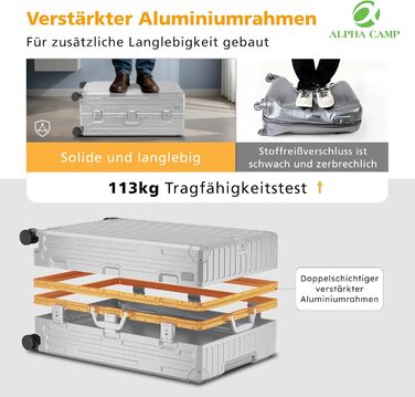 Чемодан ALPHA CAMP XL з алюмінієвим каркасом та полікарбонатною жорсткою оболонкою, TSA-замок, 40x36x77 см, 93 л, срібний
